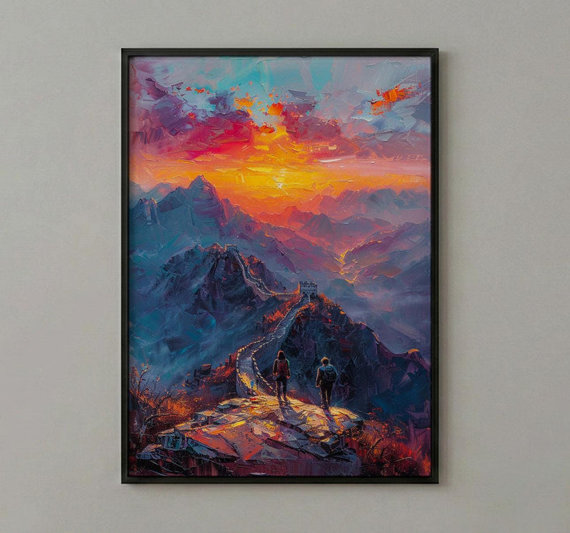 China Art Print, Great Wall Poster, Ancient Sunrise Wall Art, Couple Hiking Painting, Asian History Decor