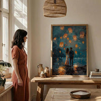 Thailand Wall Art, Chiang Mai Lantern Art Print, Night Sky Poster, Romantic Couple Painting, Asian Festival Decor