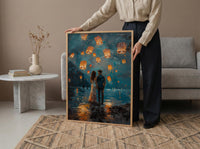 Thailand Wall Art, Chiang Mai Lantern Art Print, Night Sky Poster, Romantic Couple Painting, Asian Festival Decor