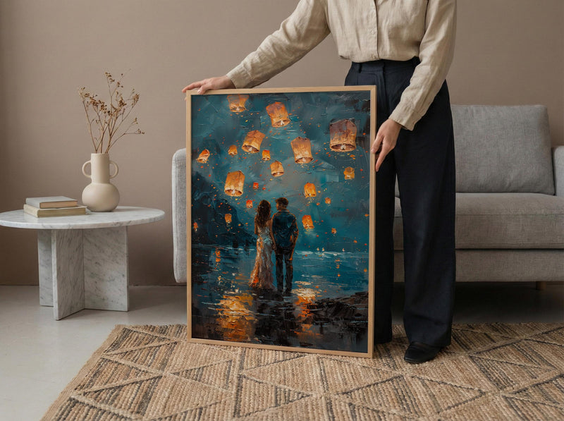 Thailand Wall Art, Chiang Mai Lantern Art Print, Night Sky Poster, Romantic Couple Painting, Asian Festival Decor