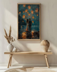 Thailand Wall Art, Chiang Mai Lantern Art Print, Night Sky Poster, Romantic Couple Painting, Asian Festival Decor