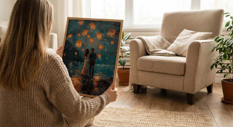 Thailand Wall Art, Chiang Mai Lantern Art Print, Night Sky Poster, Romantic Couple Painting, Asian Festival Decor
