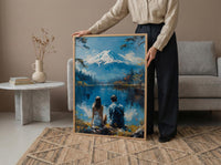 Mount Fuji Poster, Japan Lake Art Print, Serene Nature Wall Art, Peaceful Couple Painting, Zen Asian Decor