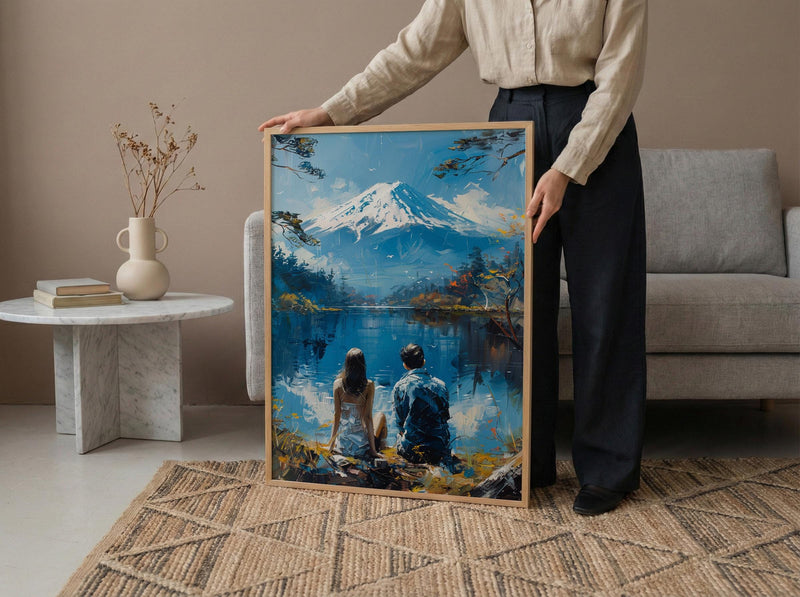 Mount Fuji Poster, Japan Lake Art Print, Serene Nature Wall Art, Peaceful Couple Painting, Zen Asian Decor
