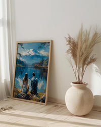 Mount Fuji Poster, Japan Lake Art Print, Serene Nature Wall Art, Peaceful Couple Painting, Zen Asian Decor