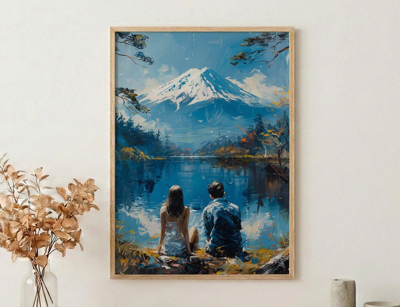 Mount Fuji Poster, Japan Lake Art Print, Serene Nature Wall Art, Peaceful Couple Painting, Zen Asian Decor