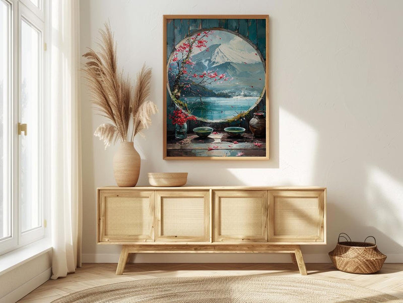 Japan Window Wall Art, Mount Fuji Art Print, Zen Garden Poster, Round Window Painting, Matcha Tea Decor