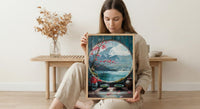 Japan Window Wall Art, Mount Fuji Art Print, Zen Garden Poster, Round Window Painting, Matcha Tea Decor