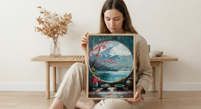Japan Window Wall Art, Mount Fuji Art Print, Zen Garden Poster, Round Window Painting, Matcha Tea Decor