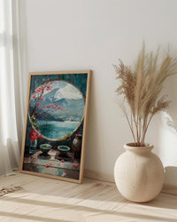 Japan Window Wall Art, Mount Fuji Art Print, Zen Garden Poster, Round Window Painting, Matcha Tea Decor