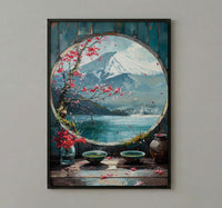 Japan Window Wall Art, Mount Fuji Art Print, Zen Garden Poster, Round Window Painting, Matcha Tea Decor