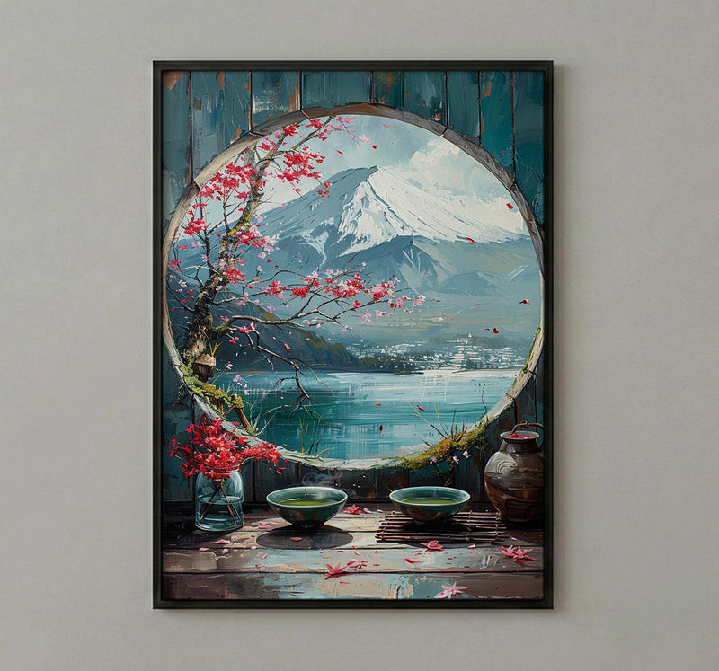 Japan Window Wall Art, Mount Fuji Art Print, Zen Garden Poster, Round Window Painting, Matcha Tea Decor