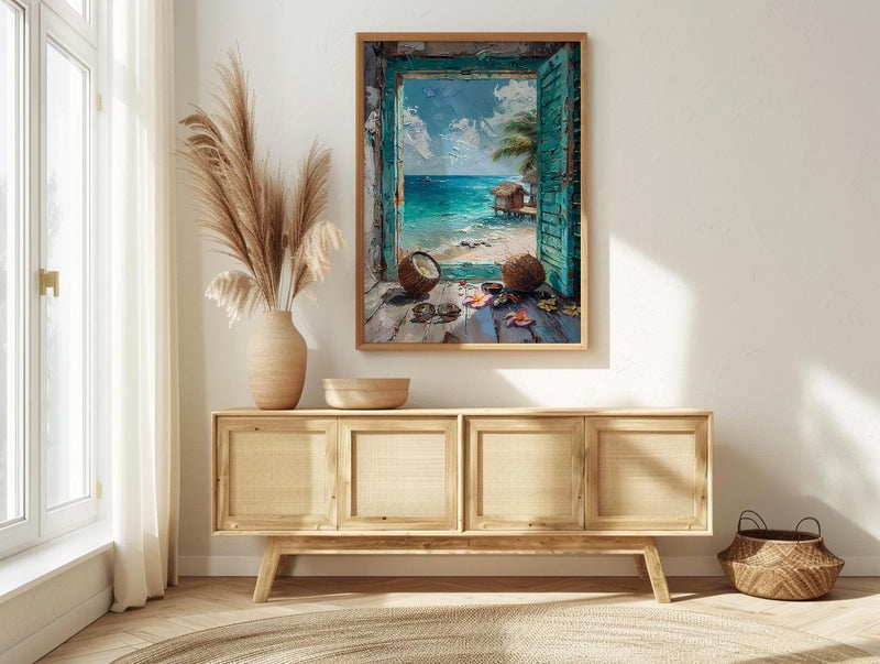 Maldives Art Print, Tropical Ocean Poster, Overwater Villa Wall Art, Open Window Painting, Summer Beach Decor