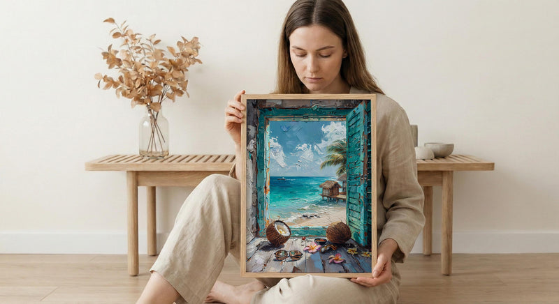 Maldives Art Print, Tropical Ocean Poster, Overwater Villa Wall Art, Open Window Painting, Summer Beach Decor