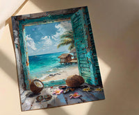 Maldives Art Print, Tropical Ocean Poster, Overwater Villa Wall Art, Open Window Painting, Summer Beach Decor