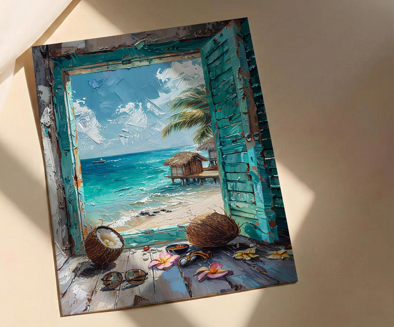 Maldives Art Print, Tropical Ocean Poster, Overwater Villa Wall Art, Open Window Painting, Summer Beach Decor