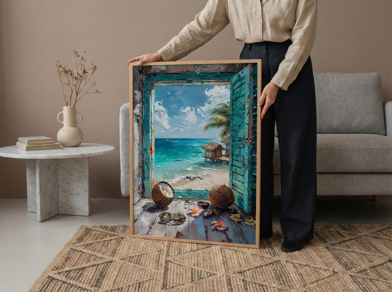 Maldives Art Print, Tropical Ocean Poster, Overwater Villa Wall Art, Open Window Painting, Summer Beach Decor