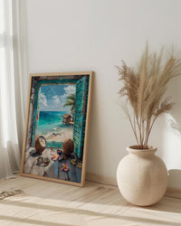 Maldives Art Print, Tropical Ocean Poster, Overwater Villa Wall Art, Open Window Painting, Summer Beach Decor