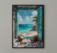 Maldives Art Print, Tropical Ocean Poster, Overwater Villa Wall Art, Open Window Painting, Summer Beach Decor