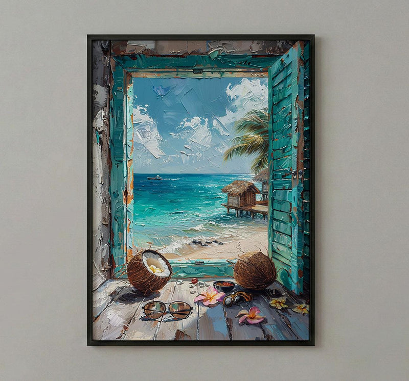 Maldives Art Print, Tropical Ocean Poster, Overwater Villa Wall Art, Open Window Painting, Summer Beach Decor
