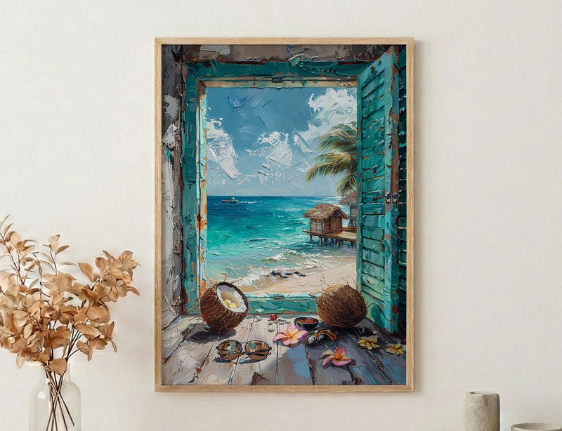 Maldives Art Print, Tropical Ocean Poster, Overwater Villa Wall Art, Open Window Painting, Summer Beach Decor