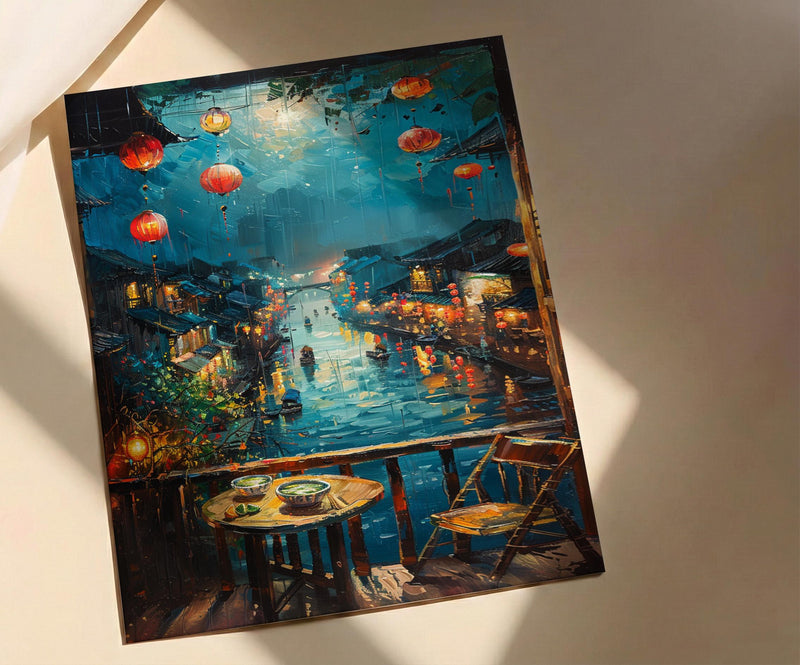 Vietnam Poster, Hoi An Lantern Art Print, Rainy Street Wall Art, Open Window Painting, Pho Noodle Decor