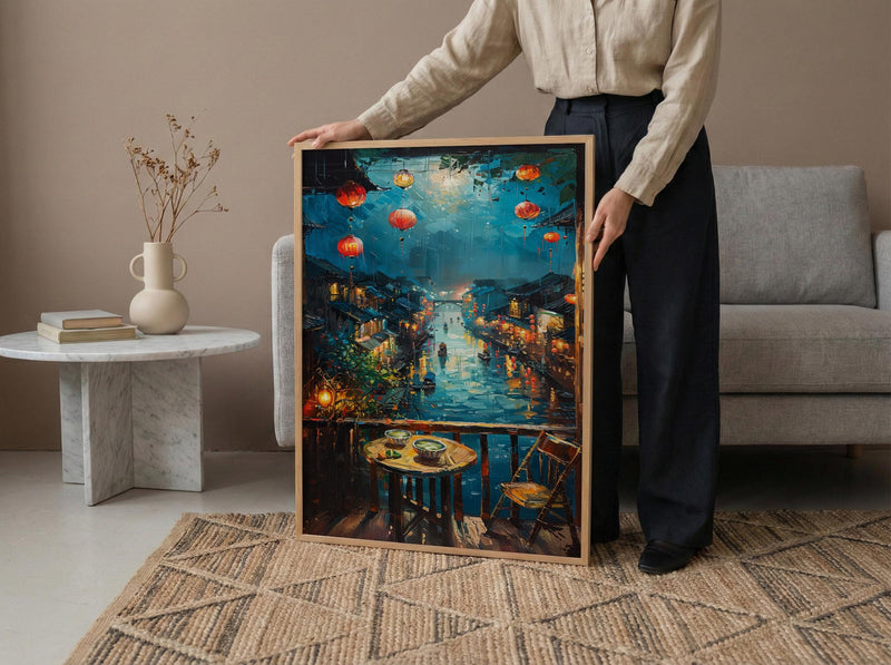 Vietnam Poster, Hoi An Lantern Art Print, Rainy Street Wall Art, Open Window Painting, Pho Noodle Decor