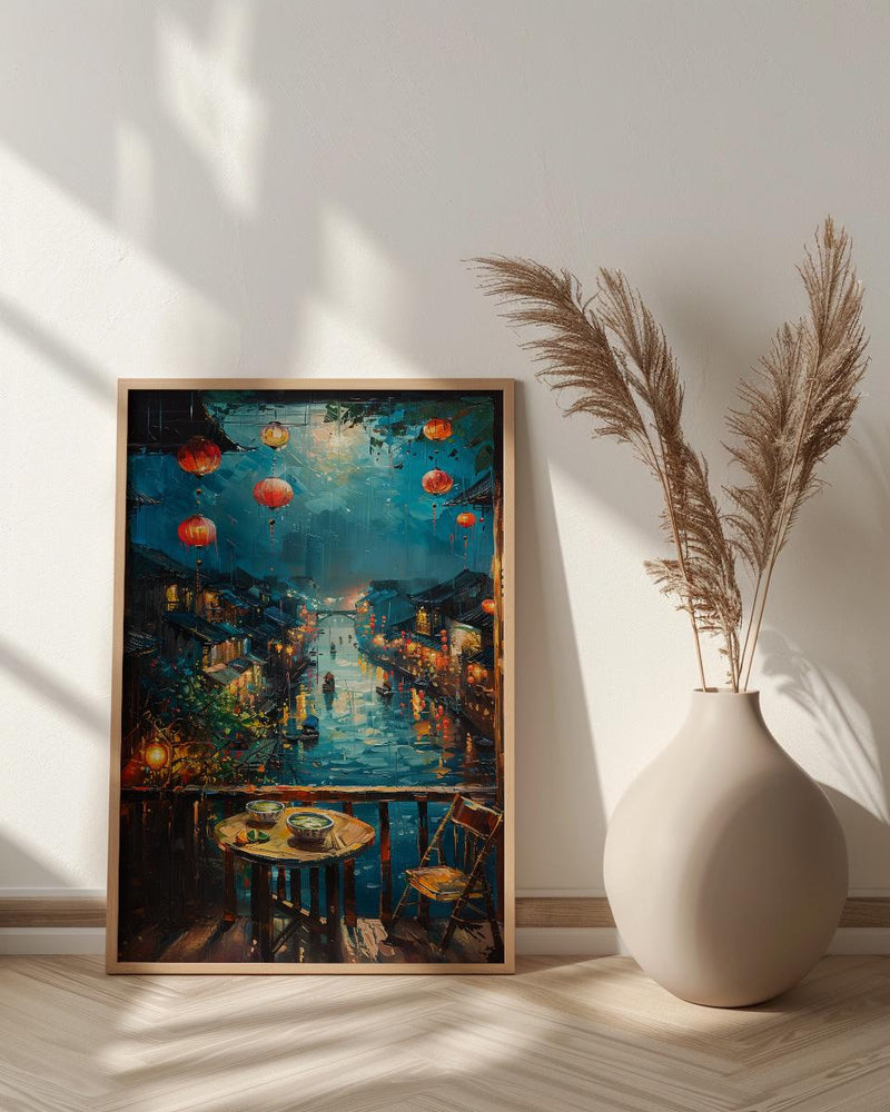 Vietnam Poster, Hoi An Lantern Art Print, Rainy Street Wall Art, Open Window Painting, Pho Noodle Decor