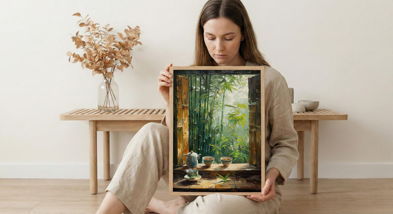 Bamboo Forest Art Print, Zen Nature Poster, Asian Window Wall Art, Green Landscape Painting, Tea Cup Decor