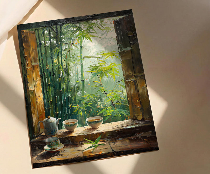 Bamboo Forest Art Print, Zen Nature Poster, Asian Window Wall Art, Green Landscape Painting, Tea Cup Decor