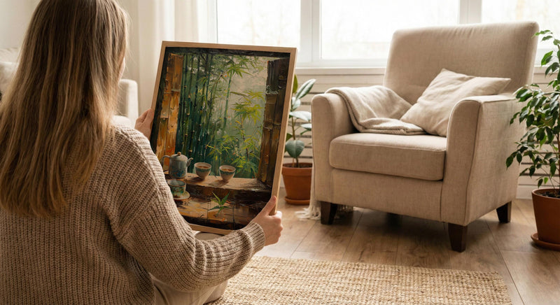 Bamboo Forest Art Print, Zen Nature Poster, Asian Window Wall Art, Green Landscape Painting, Tea Cup Decor