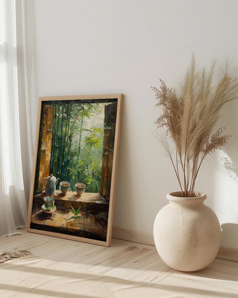 Bamboo Forest Art Print, Zen Nature Poster, Asian Window Wall Art, Green Landscape Painting, Tea Cup Decor