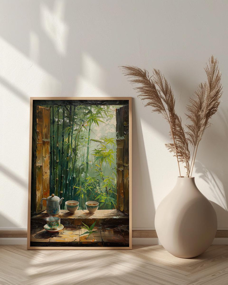 Bamboo Forest Art Print, Zen Nature Poster, Asian Window Wall Art, Green Landscape Painting, Tea Cup Decor