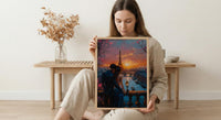 Paris Wall Art, Eiffel Tower Art Print, Romantic Couple Poster, Pink Sunset Cityscape Painting, French Travel Decor
