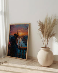 Paris Wall Art, Eiffel Tower Art Print, Romantic Couple Poster, Pink Sunset Cityscape Painting, French Travel Decor