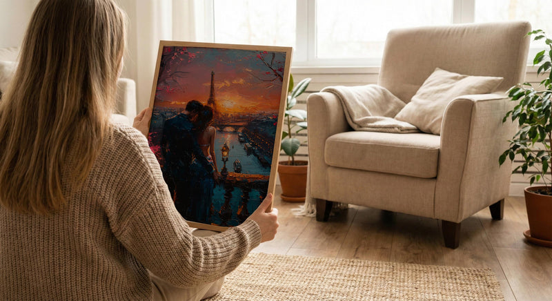 Paris Wall Art, Eiffel Tower Art Print, Romantic Couple Poster, Pink Sunset Cityscape Painting, French Travel Decor