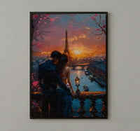 Paris Wall Art, Eiffel Tower Art Print, Romantic Couple Poster, Pink Sunset Cityscape Painting, French Travel Decor