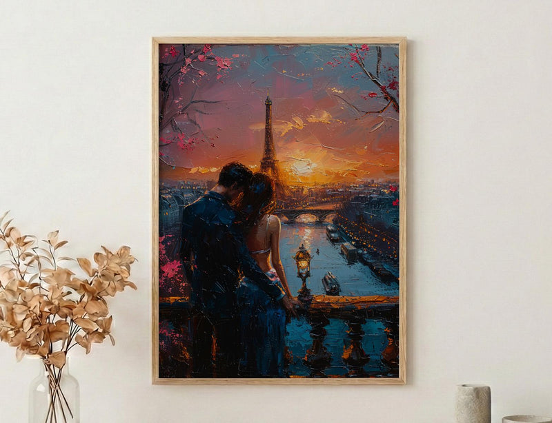 Paris Wall Art, Eiffel Tower Art Print, Romantic Couple Poster, Pink Sunset Cityscape Painting, French Travel Decor