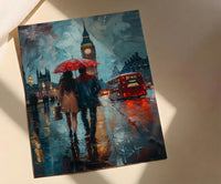 London Art Print, Big Ben Wall Art, Red Bus Poster, Rainy Cityscape Painting, UK Travel Decor