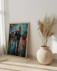 London Art Print, Big Ben Wall Art, Red Bus Poster, Rainy Cityscape Painting, UK Travel Decor