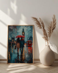 London Art Print, Big Ben Wall Art, Red Bus Poster, Rainy Cityscape Painting, UK Travel Decor