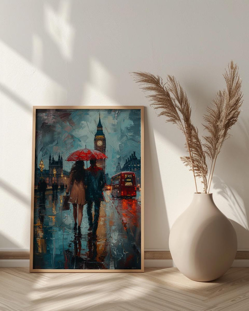 London Art Print, Big Ben Wall Art, Red Bus Poster, Rainy Cityscape Painting, UK Travel Decor