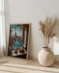Paris Window Poster, Eiffel Tower Art Print, French Breakfast Wall Art, Croissant Coffee Decor, Romantic Cityscape