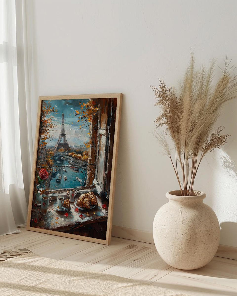 Paris Window Poster, Eiffel Tower Art Print, French Breakfast Wall Art, Croissant Coffee Decor, Romantic Cityscape