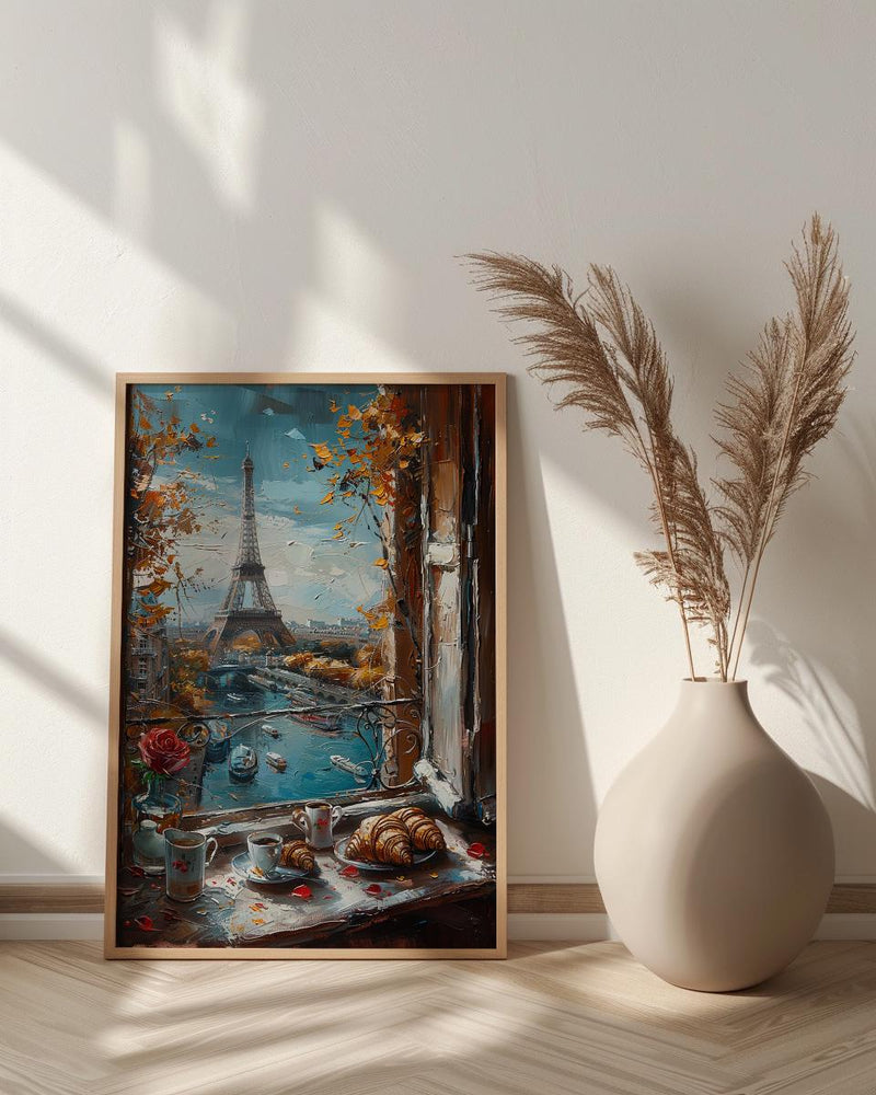 Paris Window Poster, Eiffel Tower Art Print, French Breakfast Wall Art, Croissant Coffee Decor, Romantic Cityscape