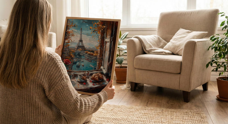 Paris Window Poster, Eiffel Tower Art Print, French Breakfast Wall Art, Croissant Coffee Decor, Romantic Cityscape