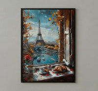 Paris Window Poster, Eiffel Tower Art Print, French Breakfast Wall Art, Croissant Coffee Decor, Romantic Cityscape