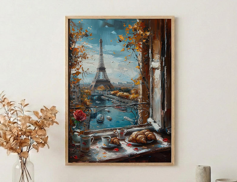 Paris Window Poster, Eiffel Tower Art Print, French Breakfast Wall Art, Croissant Coffee Decor, Romantic Cityscape