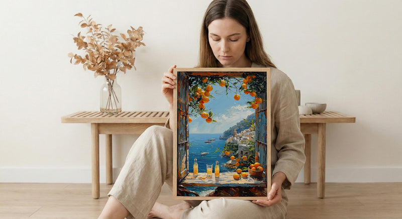 Amalfi Coast Poster, Italy Window Art Print, Limoncello Ocean Wall Art, Lemon Tree Painting, Sunny Coastal Decor
