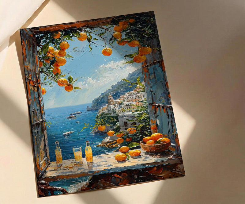 Amalfi Coast Poster, Italy Window Art Print, Limoncello Ocean Wall Art, Lemon Tree Painting, Sunny Coastal Decor